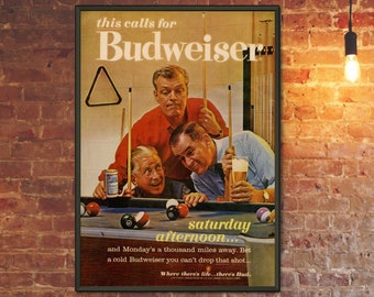 Budweiser Beer Poster Sign Print Wall Art Alcohol Mid Century 1960s Ad Advertising Bar Gift Decor