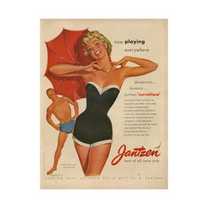 Vintage Jantzen Bathing Suit Pinup Poster Beauty Decor Feminine Bathroom Decor Ad Print Mid Century 1950s Wall Art
