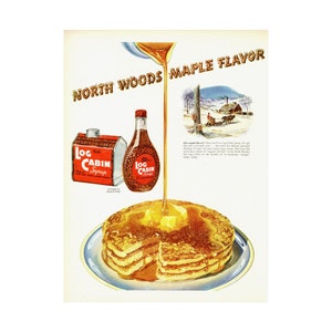 Vintage Blockhaus Ahornsirup Poster Pfannkuchen Frühstück Küche Dekor Restaurant Diner Dekor Ad Print Mid Century 1950er Jahre Wandkunst