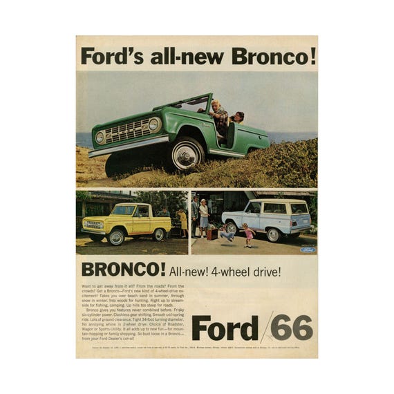 Vintage Ford Bronco Poster 1960s Ad Print Art SUV 4x4 Mid Century Modern Wall Art Decor
