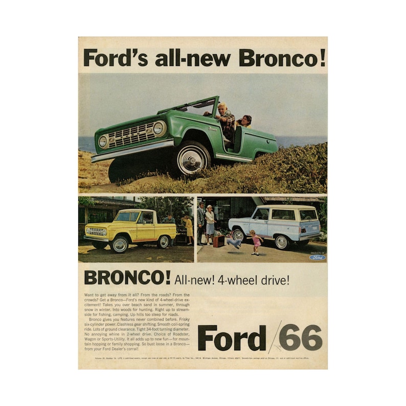 Vintage Ford Bronco Poster 1960s Ad Print Art SUV 4x4 Mid Century Modern Wall Art Decor image 1