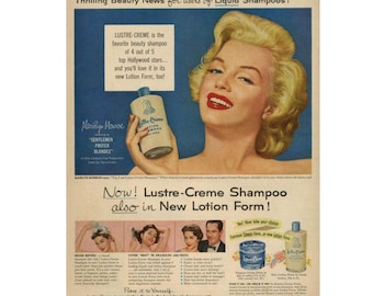 Könnte beinhalten: Eine Vintage-Werbung für Lustre-Creme Shampoo mit Marilyn Monroe. Die Werbung hebt die neue Lotion-Form des Shampoos hervor und behauptet, dass es bei 4 von 5 Top-Hollywood-Stars beliebt ist. Die Werbung zeigt auch ein Zitat von Marilyn Monroe: "Gentlemen Prefer Blondes."