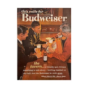 Budweiser Beer Poster Sign Print Wall Art Alcohol Mid Century 1960s Ad Advertising Bar Gift Decor