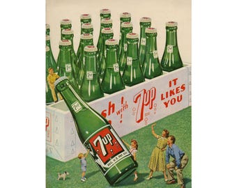 Vintage 7UP frisdrankposter keukendecor advertentie print jaren 50 muurkunst uit het midden van de eeuw