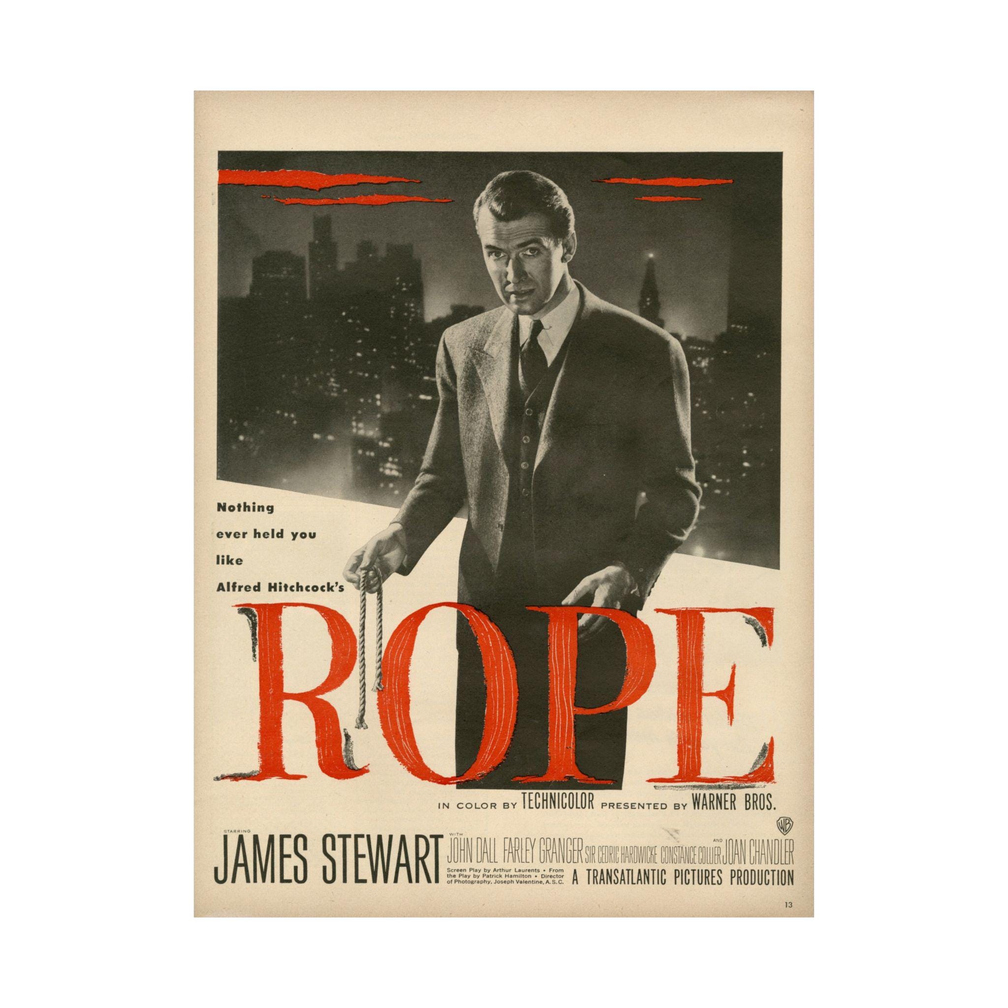 Alfred Hitchcock Rope Movie Poster James Stewart Classic Film Ad Advertising Print Art Mid Century 1940s Wall Art
