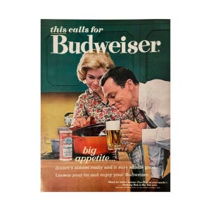Budweiser Beer Poster Sign Print Wall Art Alcohol Mid Century 1960s Ad Advertising Bar Gift Decor
