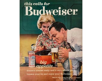 Póster vintage de cerveza Budweiser, arte mural, publicidad de mediados de siglo (años 60), regalo para bar.