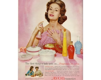 Vintage Avon Cosmetics Poster Perfume Makeup Pink Beauty Decor  Feminine Bathroom Decor Ad Print Mid Century 1960s Wall Art