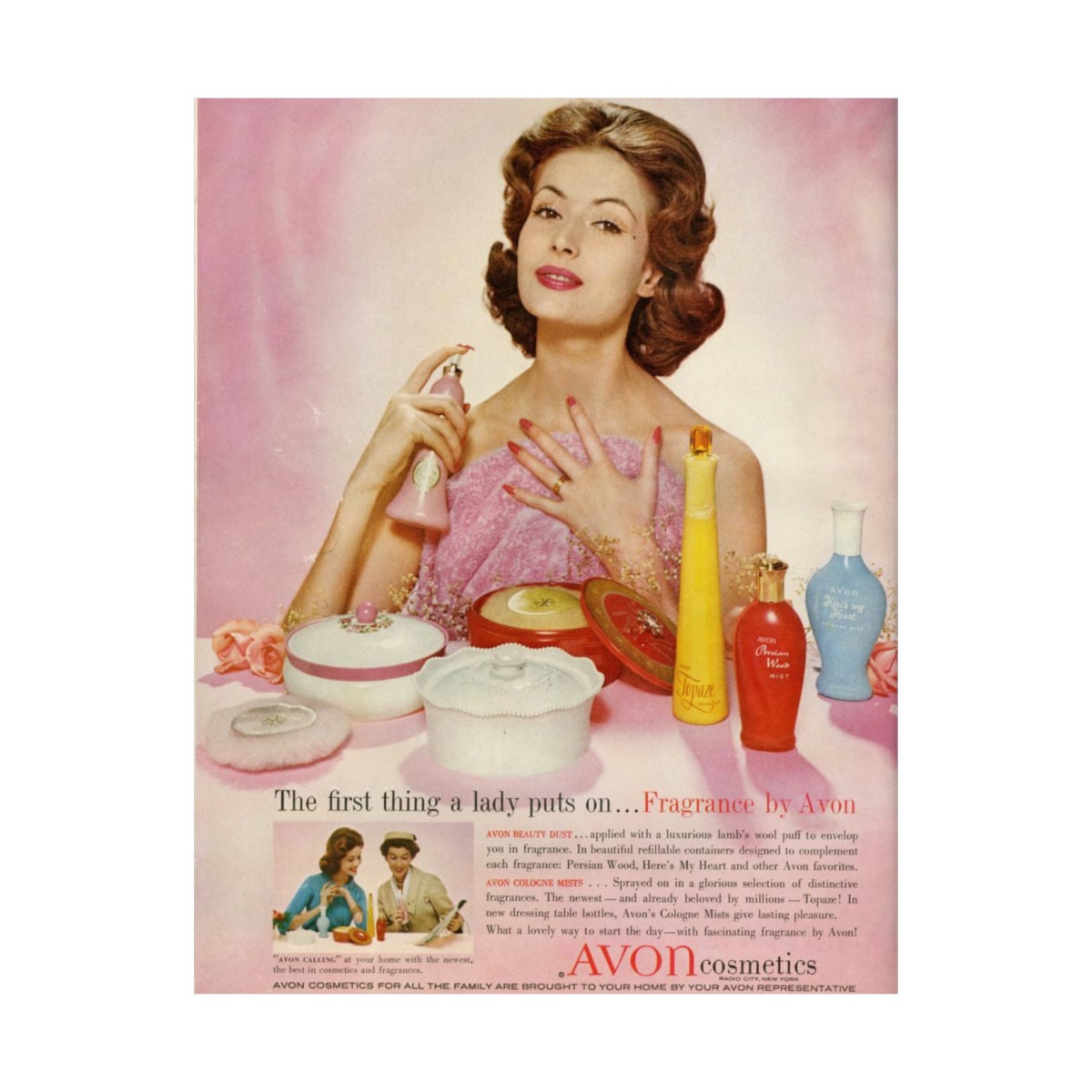 Vintage Avon Cosmetics Poster Perfume Makeup Pink Beauty Decor 