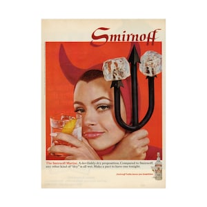 Vintage Smirnoff Wodka Plakat Teufel Frau Bar Küche Dekor Druck Wandkunst Mid Century 1960er Jahre Werbung