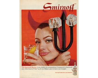 Vintage Smirnoff Vodka Poster Devil Woman Bar Kitchen Decor Print Wall Art Mid Century 1960s Ad Advertising
