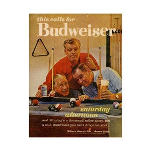 Póster de cerveza Budweiser, letrero impreso, arte de pared, alcohol, mediados de siglo, década de 1960, publicidad, bar, regalo, decoración