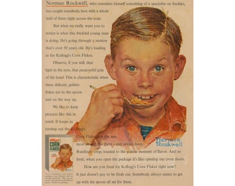 Vintage Norman Rockwell Corn Flakes 1950s Ad Print Art Breakfast Cereal Mid Century Modern Kitchen Wall Art Decor