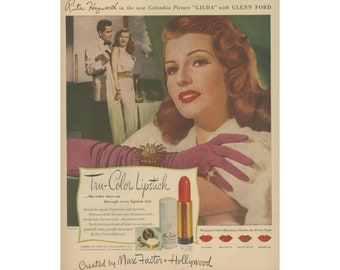 Rita Hayworth Gilda Poster Max Factor Makeup Print Wall Art Cinema Mid Century 1940s Bathroom Decor Ad Advertising