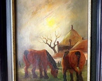 Pintura em miniatura a óleo sobre tela – Cavalos em paisagem, de artista belga (26,7 x 31,8 cm).