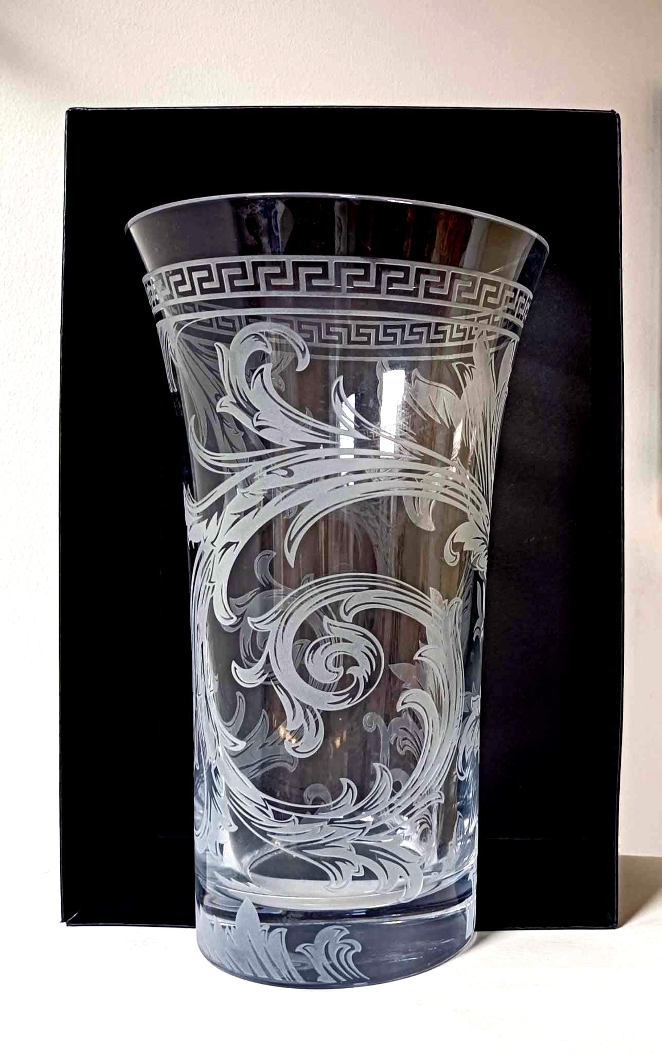 Versace Rosenthal 14-inch Crystal Vase With Floral Motif in Original Gorgona Box