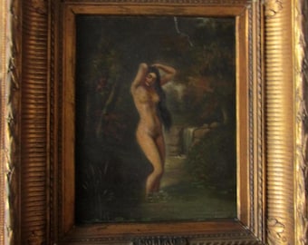May include: An oil painting in a decorative gold-toned frame featuring a figure standing in a dark, wooded stream. The figure has long dark hair and is positioned near a small waterfall. A small metal plaque at the bottom of the frame reads Molleau.