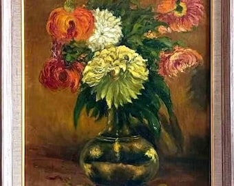 Pintura a óleo belga vintage – Natureza morta com flores de Frans Boeye, tela emoldurada (59 x 69 cm)