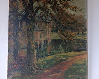 May include: An oil painting on canvas depicting a landscape scene with a large tree in the foreground, a building with arched windows situated by a body of water, and a dirt path. The signature T.G. Timmermans 1942 is visible in the bottom right corner.