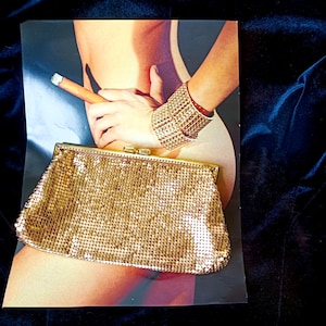 May include: A gold-toned metal mesh clutch bag with a rectangular frame and a top clasp closure. The bag features a fine, flexible chainmail-like texture that creates a shimmering surface. The clutch is displayed over a printed photograph.