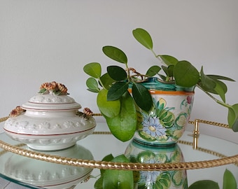 Conjunto vintage de açucareiro de porcelana Bassano e vaso de plantas em majólica italiana.