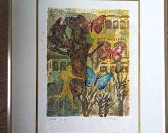 Litografia assinada por André Goezu – Cena do Mundo dos Sonhos, emoldurada.