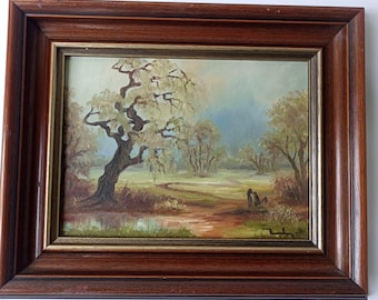 Pintura em miniatura vintage a óleo sobre tela de paisagem – Árvore antiga em prado, de artista belga (26,7 x 31,8 cm).
