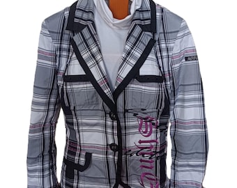 Blazer vintage xadrez estilo aeródromo, tamanho 38 EU | Listras cinza, preta, branca e rosa | Bordado roxo "Supreme" | Excelente estado de conservação.