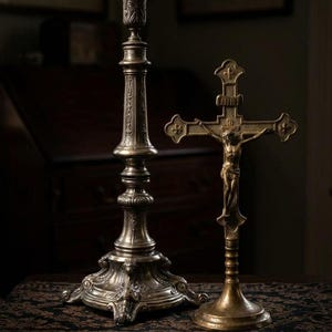 May include: A 16-inch antique tin candlestick with an ornate base and a 12-inch vintage brass Jesus crucifix featuring the INRI inscription. The text at the bottom reads: ANTIQUE TIN CANDLESTICK 16" & VINTAGE BRASS JESUS CRUCIFIX INRI 12".