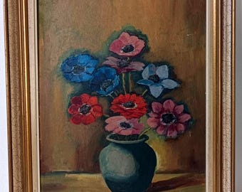 Pintura vintage a óleo sobre madeira compensada, natureza morta – Anêmonas coloridas em vaso (40,6 x 50,8 cm).