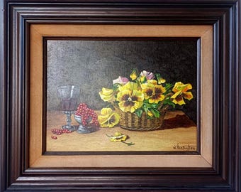 Pintura vintage em óleo sobre tela, natureza morta, emoldurada – Amor-perfeito em cesta, de Willy Van Buyten (23,5 x 19,5 polegadas).