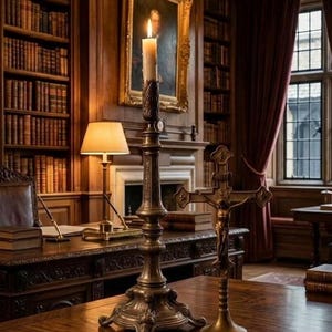 May include: A tall, ornate bronze candlestick holding a lit white candle, positioned next to a bronze crucifix on a polished wooden desk. The desk is set within a library featuring dark wood paneling, bookshelves, and a framed portrait.