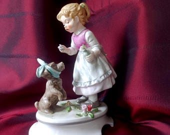 May include: A porcelain figurine of a blonde child in a pink vest and white apron holding a small bottle, interacting with a brown puppy wearing a light blue headscarf. The pair stands on a white oval base decorated with small pink and red flowers.