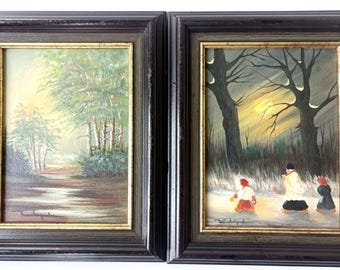 Par de pinturas vintage em miniatura a óleo sobre tela, emolduradas, do mesmo artista belga – Caminho na floresta e cena de lanterna de inverno.