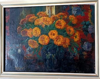 Pintura a óleo sobre tela sem moldura, natureza morta com flores – Artista belga Louise Van Hoorde, técnica de impasto.