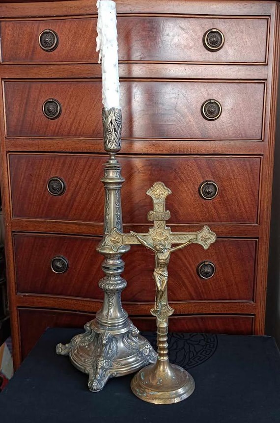 Antique Brass Candlestick 16" & Vintage Brass Jesus Crucifix INRI 12"
