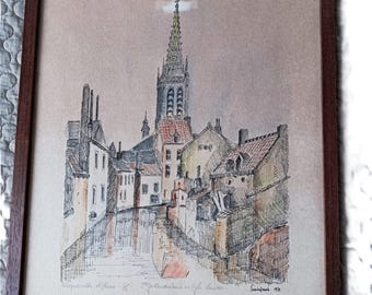 Par de desenhos de paisagens urbanas belgas de G. Roema: Ghent Ink (19,5x14,5") e Leuven Watercolor (14x18,5").