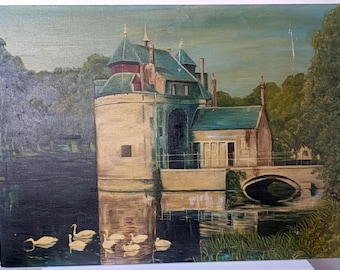 Pintura vintage a óleo sobre tela sem moldura – Castelo com cisnes, de artista belga (28 x 20 polegadas).