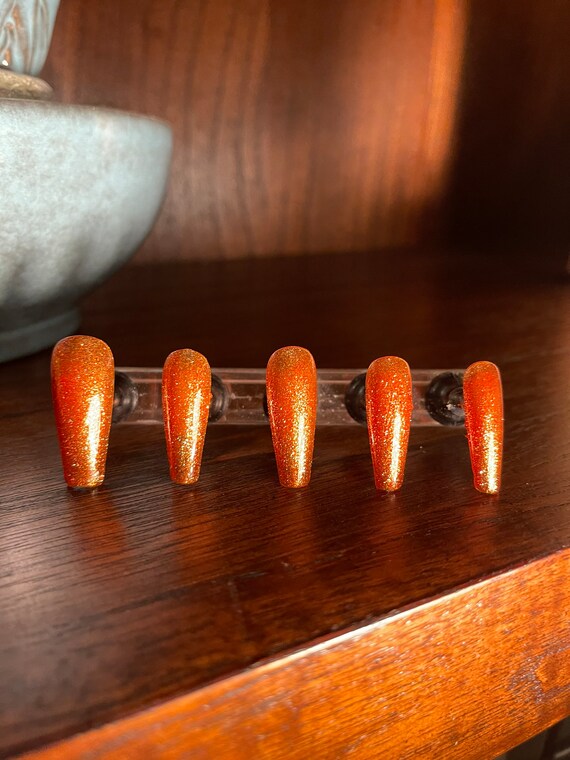 Orange Glitter Halloween Fall Nails Press on Nails Fake Glue on