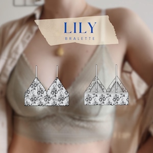 May include: A sage green bralette with a floral lace pattern, featuring thin adjustable straps and a scalloped hem. The image includes a graphic overlay with the text LILY BRALETTE and two technical sketches showing the front and back views.
