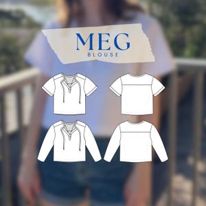 May include: A technical fashion illustration of the Meg Blouse, featuring both short and long-sleeve variations. The white line drawings display front and back views, including a split neckline with ties and a gathered back yoke detail.