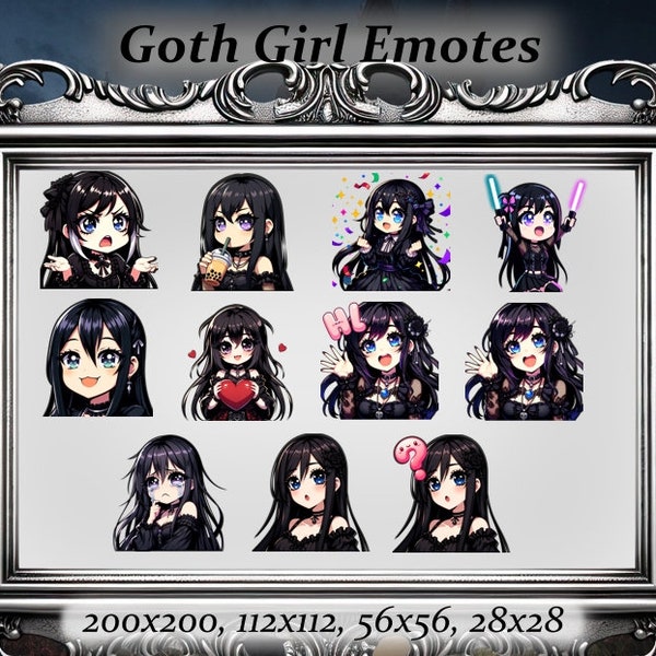 Goth girl twitch emote 9 conjunto de gestos (1) - Anime Emote, pelo negro, chica alternativa, Discord Emote, estética, estética punk, paquete de inicio de gestos, emo