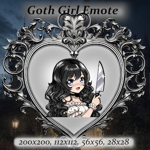 Goth girl twitch emote - Anime Emote, black hair goth girl Emote, white dress ,Twitch Emote, Discord Emote, knife emote, goth aesthetic
