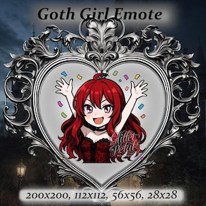 Goth girl twitch emote - red hair, pink eyes, confetti Emote, alt girl,Twitch Emote, Discord Emote, goth aesthetic,punk aesthetic