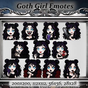 Goth Girl Twitch Emote 10 Emotes (13.1) - Anime Emote, SCHWARZES Haar, BLAUE Augen, lila Strähnen, alternatives Emote, Twitch Emote, Starter Pack