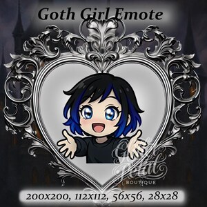 May include: A cartoon goth girl with black hair and blue eyes, wearing a black shirt, is smiling and waving. The image is set against a background of a silver heart-shaped frame with ornate details.