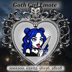 Goth girl twitch emote - Anime Emote, BLUE hair, BLUE eyes, alternative Emote,twitch emote,black dress, chibi emote, licking knife emote