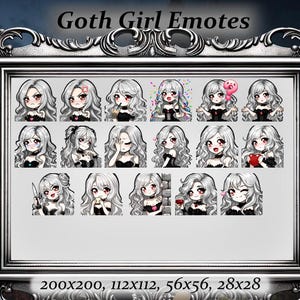 May include: A set of 16 goth girl emotes in various poses and expressions. The emotes are in a silver frame with the text "Goth Girl Emotes" at the top and "200x200, 112x112, 56x56, 28x28" at the bottom.