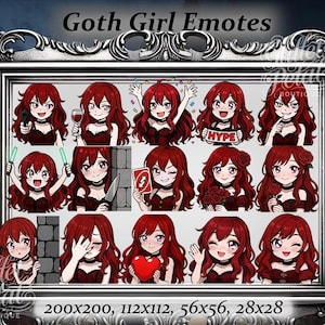Puede incluir: Colección enmarcada de Goth Girl Emotes. Cada emote presenta a una chica de dibujos animados con cabello rojo y un vestido negro, expresando varias emociones. El marco incluye el texto "Goth Girl Emotes" y dimensiones: 200x200, 112x112, 56x56 y 28x28.