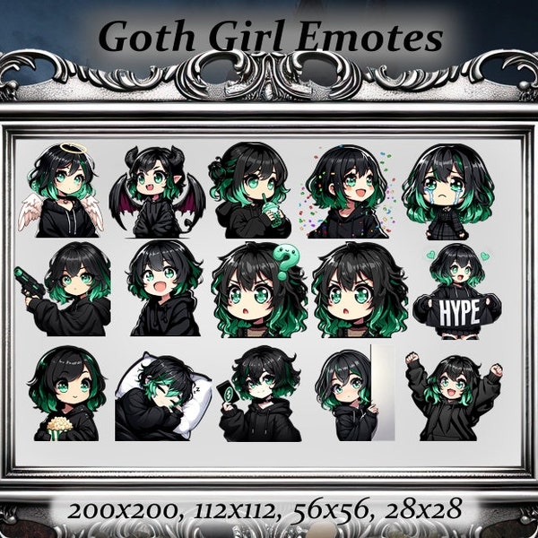 Goth girl twitch emote 15 emotes set (3) - Anime Emote, green hair,alternative Emote, twitch emote,punk aesthetic, emote starter pack